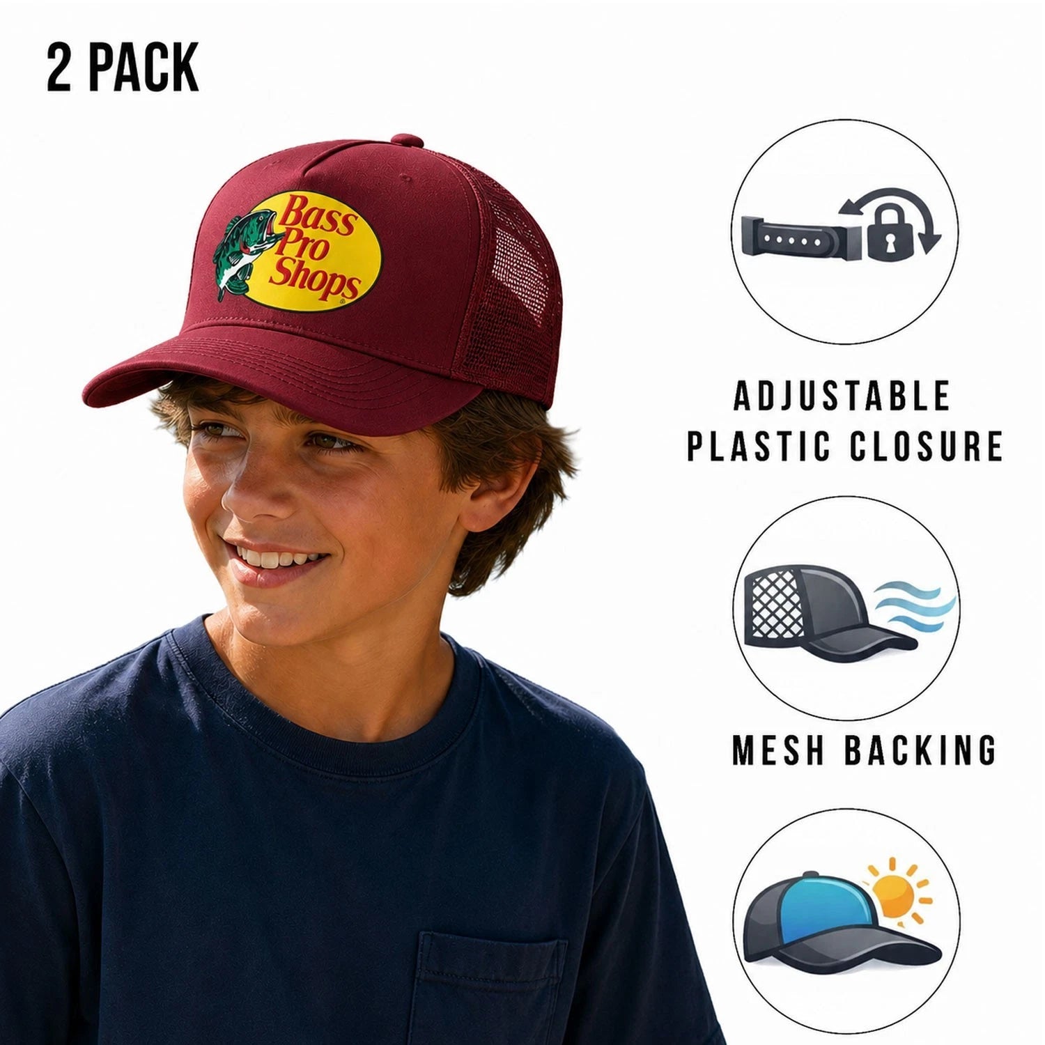 Bass Pro Shops Club Cap Maroon Snapback Outdoor Youth's Trucker Hat-2 Pack (S21)