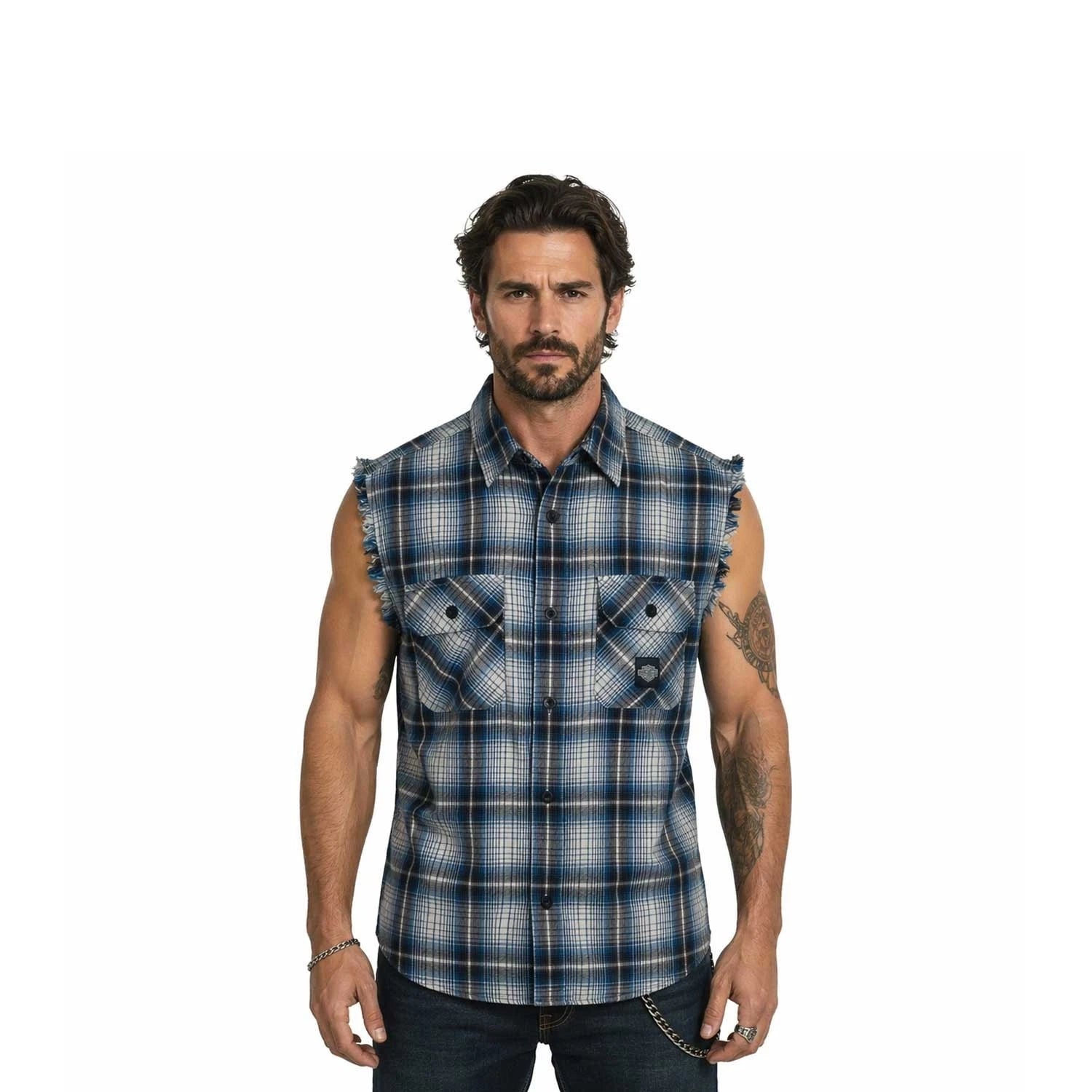 HD Brand Men's Grey & Ensign Blue Vest Logo Patch Sleeveless Shirt (S66)