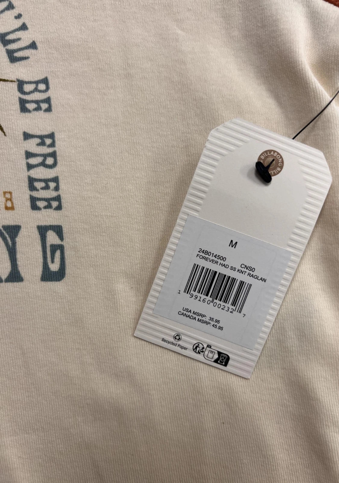 Billabong Women's Cream Combo T-Shirt - Forever Raglan Tee S/S (S04)