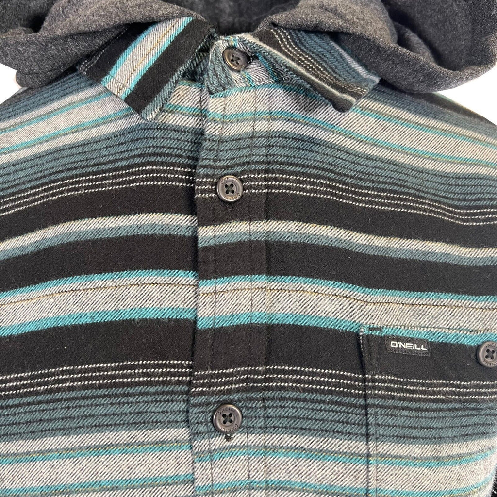O'Neill Men's Black & Blue Flannel Shirt Redmond Hooded Horizontal Striped (S33)