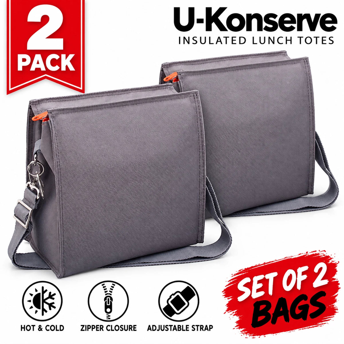 U-Konserve Insulated Grey Lunch Bag with Shoulder Strap - 2 Pack (S03)