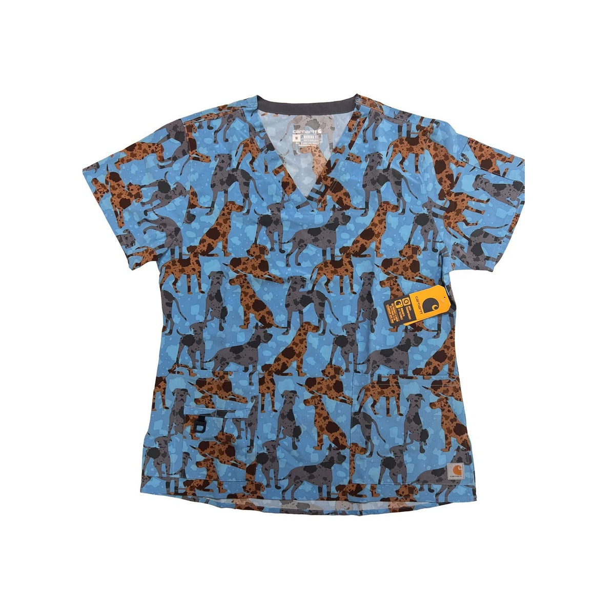 Carhartt Women's Blue Scrub - Great Gatherings Dogs Print V-Neck Top (S47)