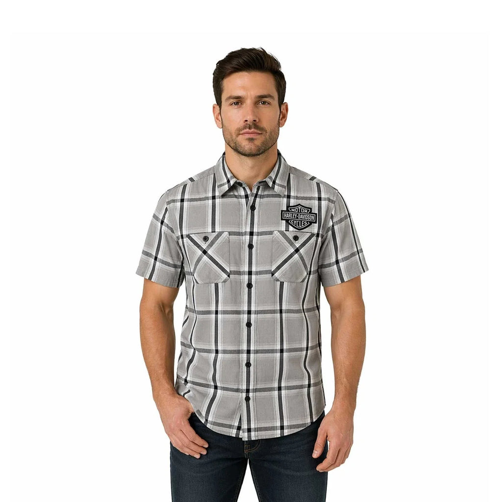 HD Branded  Men's Ghost Gray Plaid Shirt Bar & Shield Staple S/S (343)