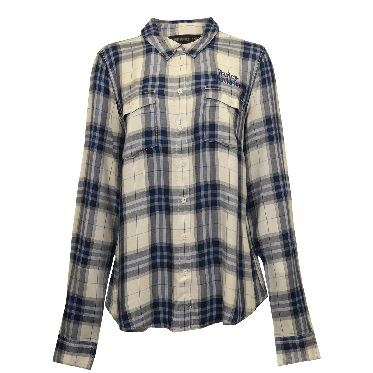 HD Branded Women's Shirt Blue White Plaid Embroidered Text L/S Woven (S22)