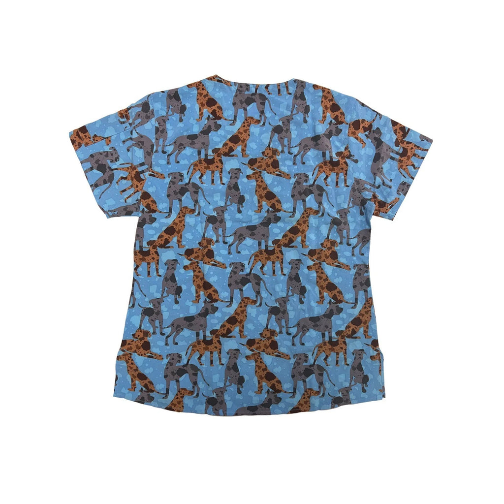 Carhartt Women's Blue Scrub - Great Gatherings Dogs Print V-Neck Top (S47)