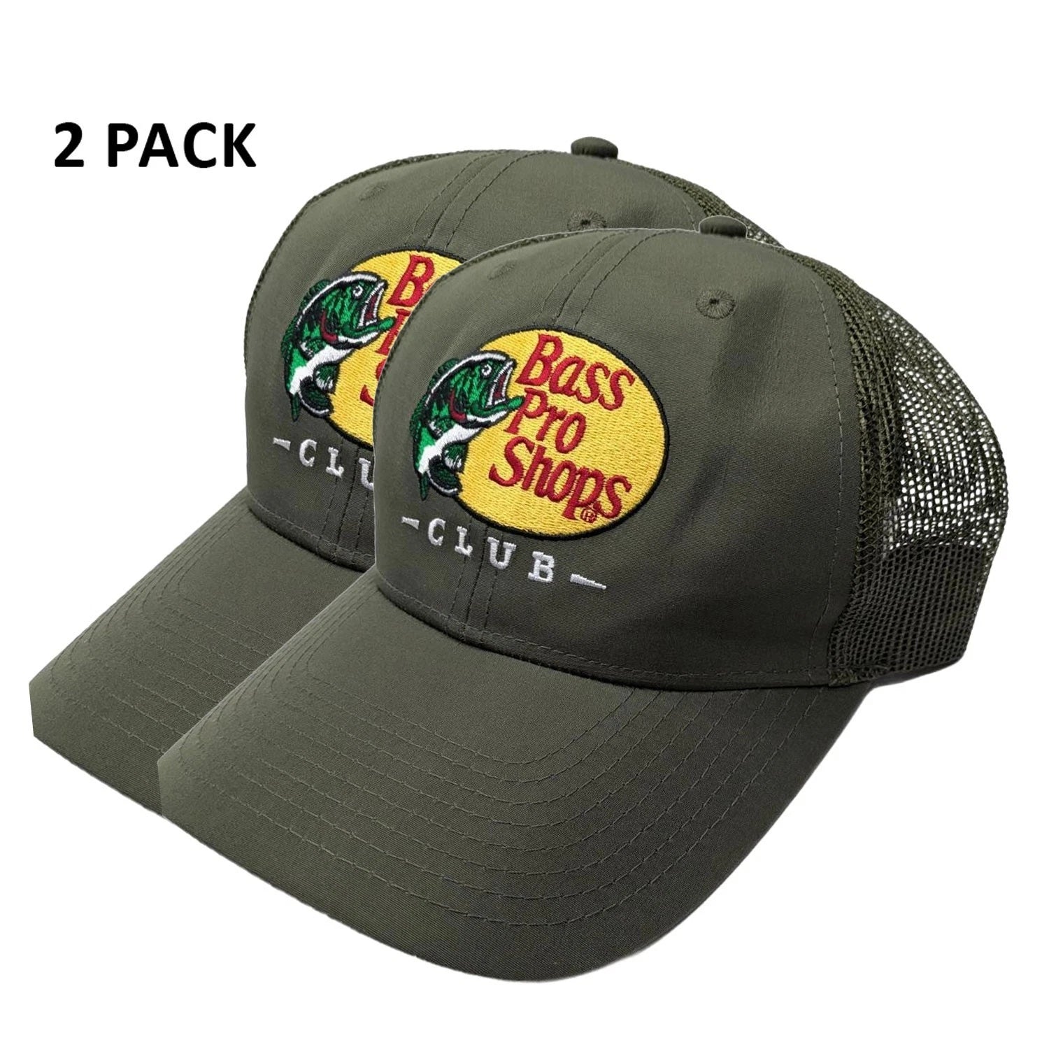 Bass Pro Shops Club Cap Olive Mesh Snapback Outdoor Trucker Hat- 2 Pack (S16)
