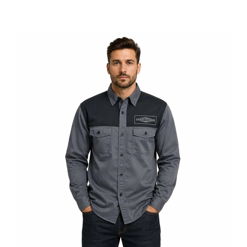 HD Branded Men's Black & Ombre Blue Shirt Stacked Bar & Shield L/S (352)