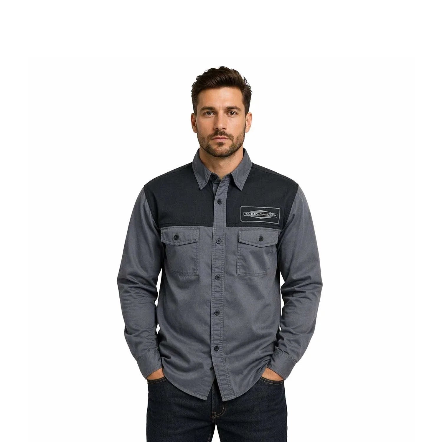 HD Branded Men's Black & Ombre Blue Shirt Stacked Bar & Shield L/S (352)
