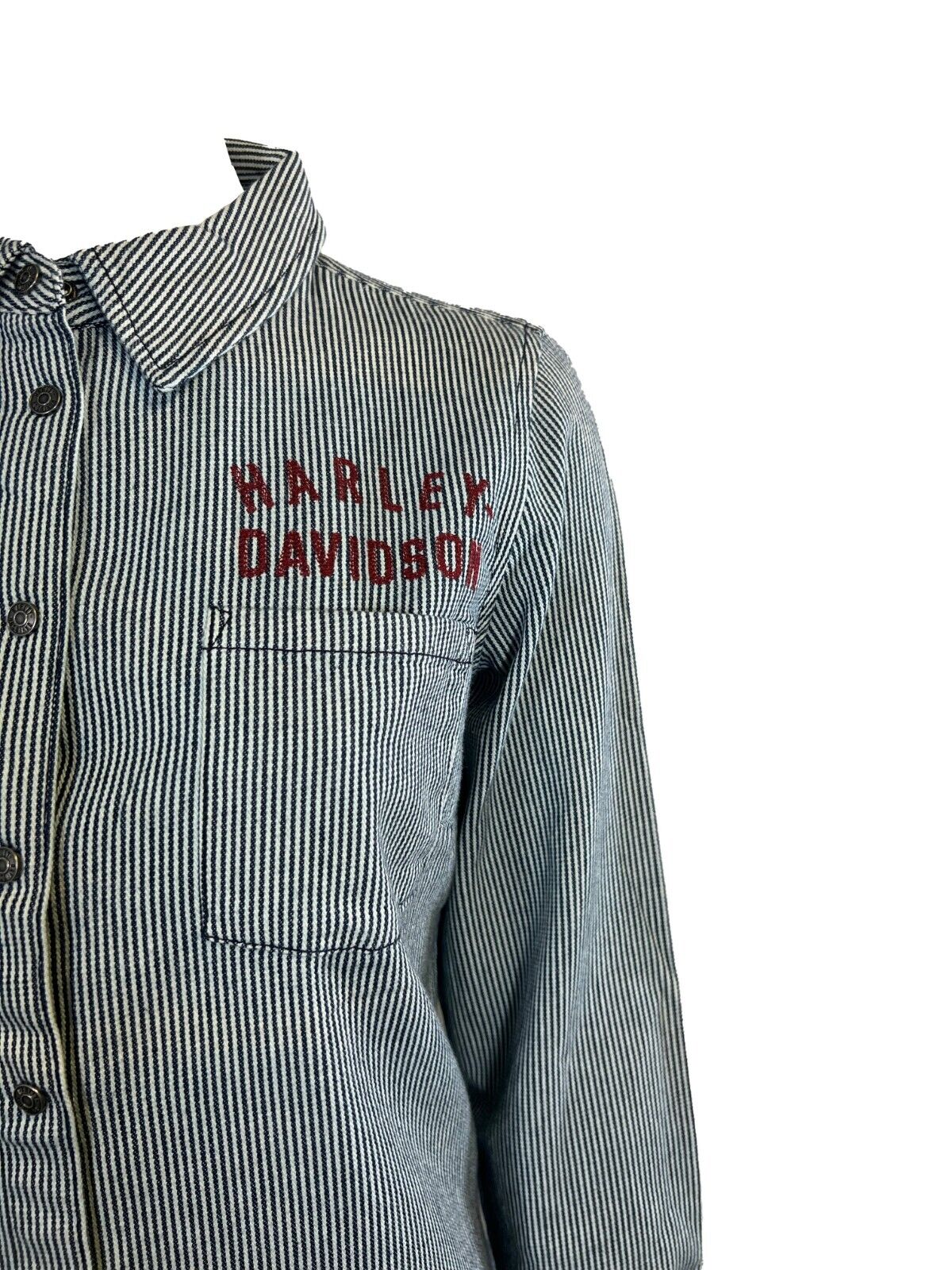 HD Branded Women's Blue Shirt Railroad Stripe Logo Long Sleeve (S26)
