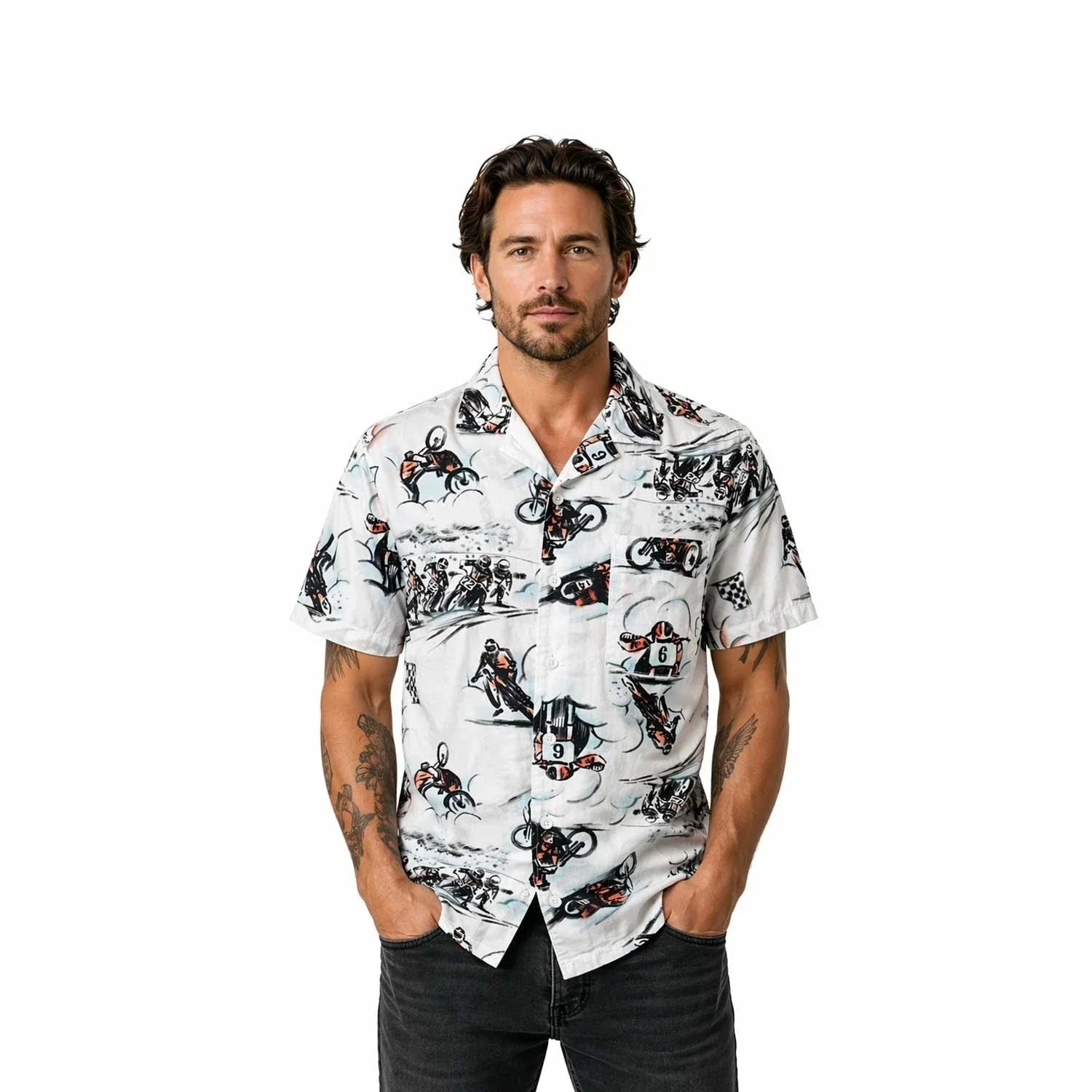HD Branded  Men's White Shirt Twisty Aloha Print Short Sleeve (345)