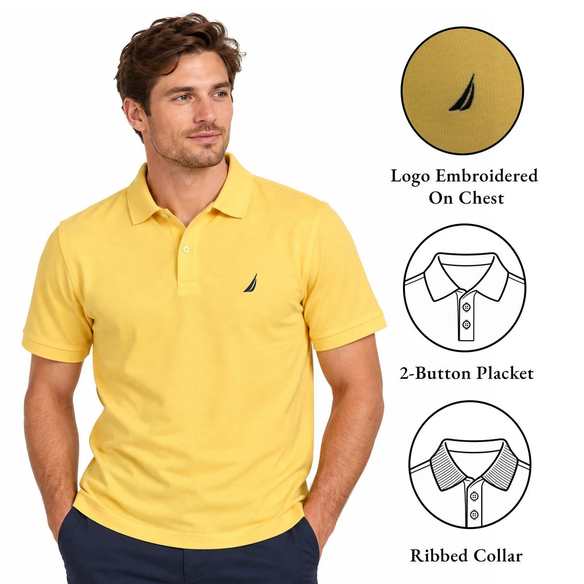 Nautica Men's Buoy Yellow T-Shirt - Solid Deck Polo Tee S/S (S20)
