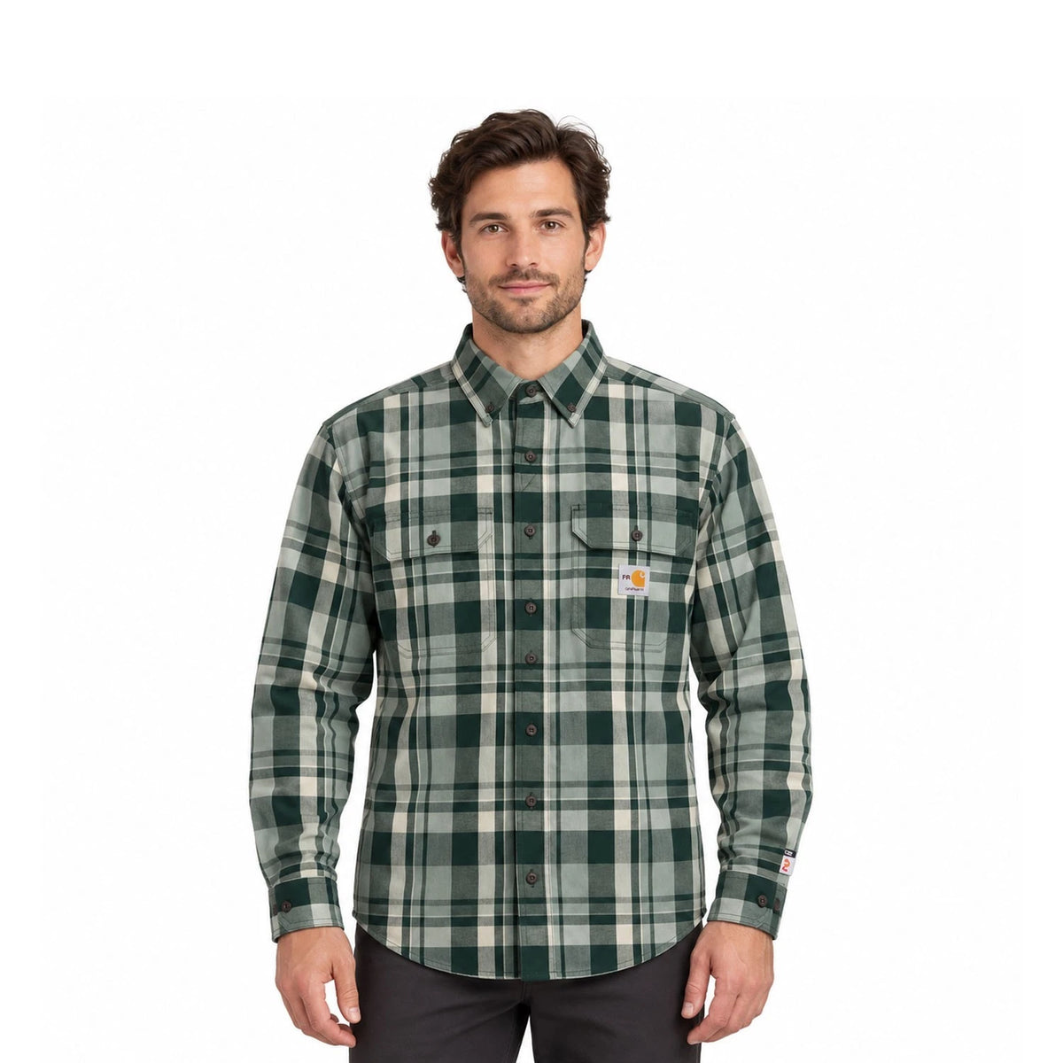 Carhartt FR Men's Dark Green Plaid Shirt -Rugged Flex Work Wear L/S CAT 2 (S374)