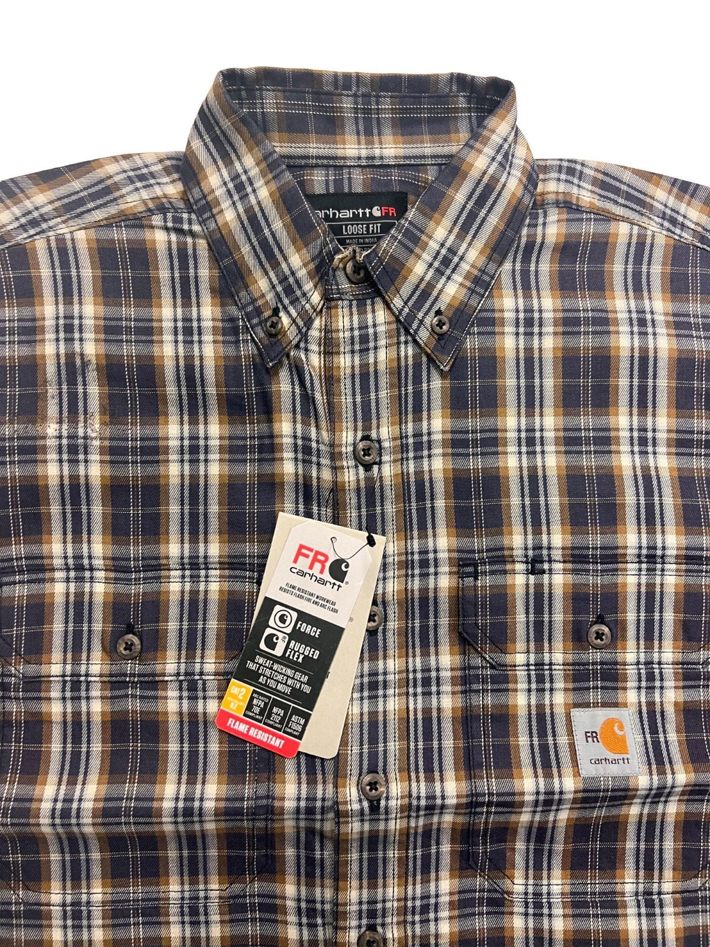 Carhartt FR Men’s Dark Brown Navy Plaid Shirt - Rugged Flex L/S CAT 2 (S375)