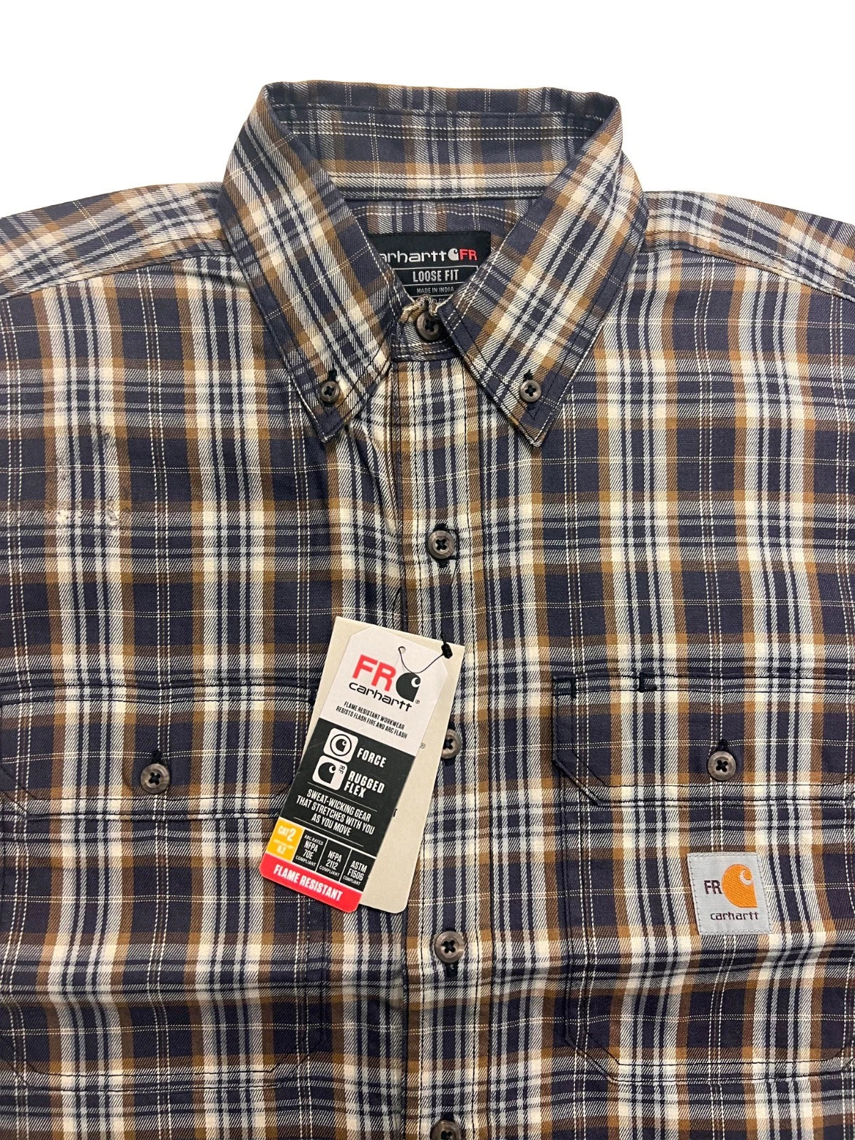Carhartt FR Men’s Dark Brown Navy Plaid Shirt - Rugged Flex L/S CAT 2 (S375)