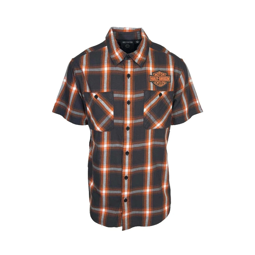 HD Branded  Men's Harley Orange Plaid Shirt Bar & Shield Staple S/S (344)