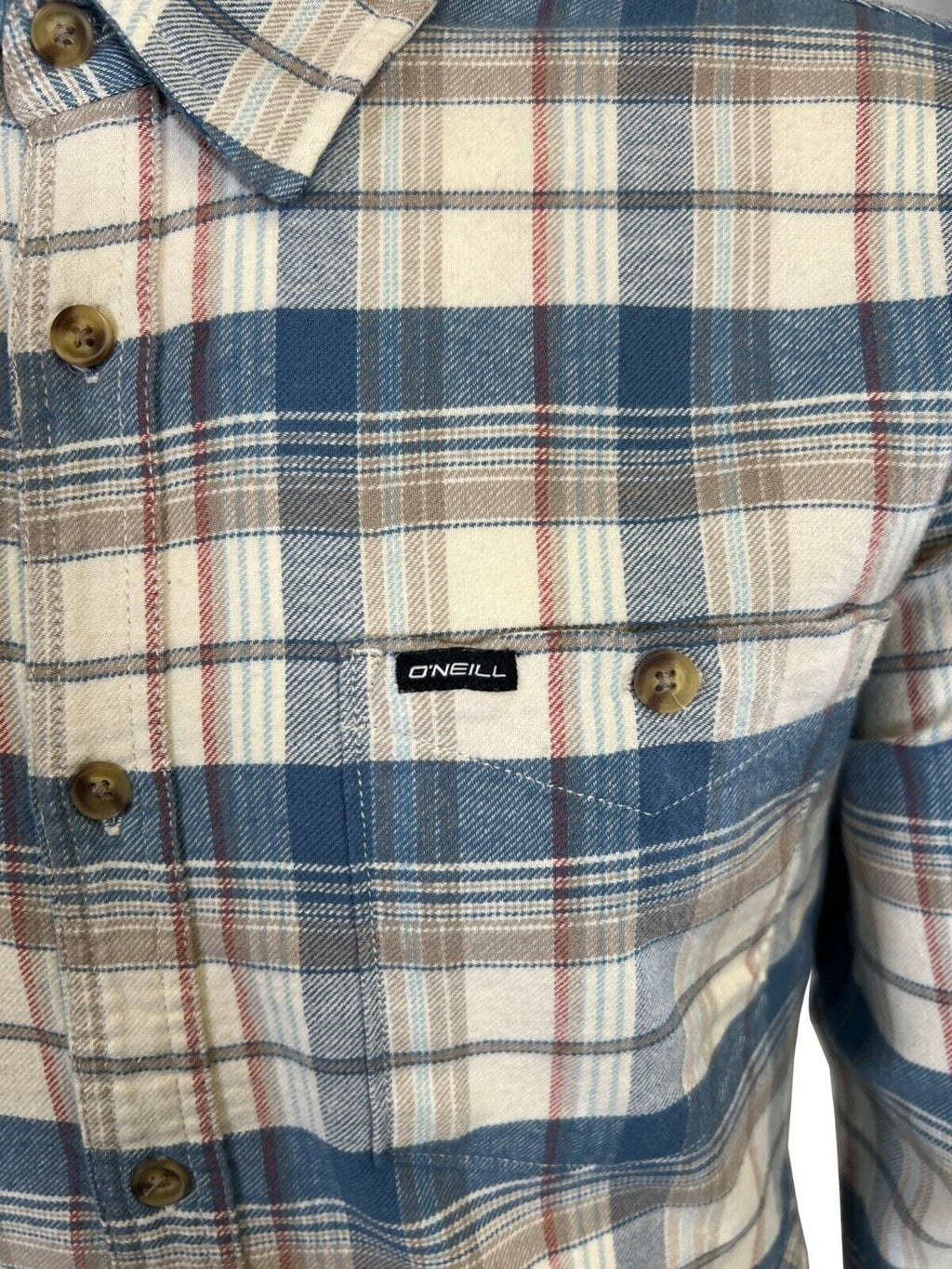 O'Neill Men's Cream Khaki Blue Shirt Redmond Plaid Stretch Flannel L/S (S34)