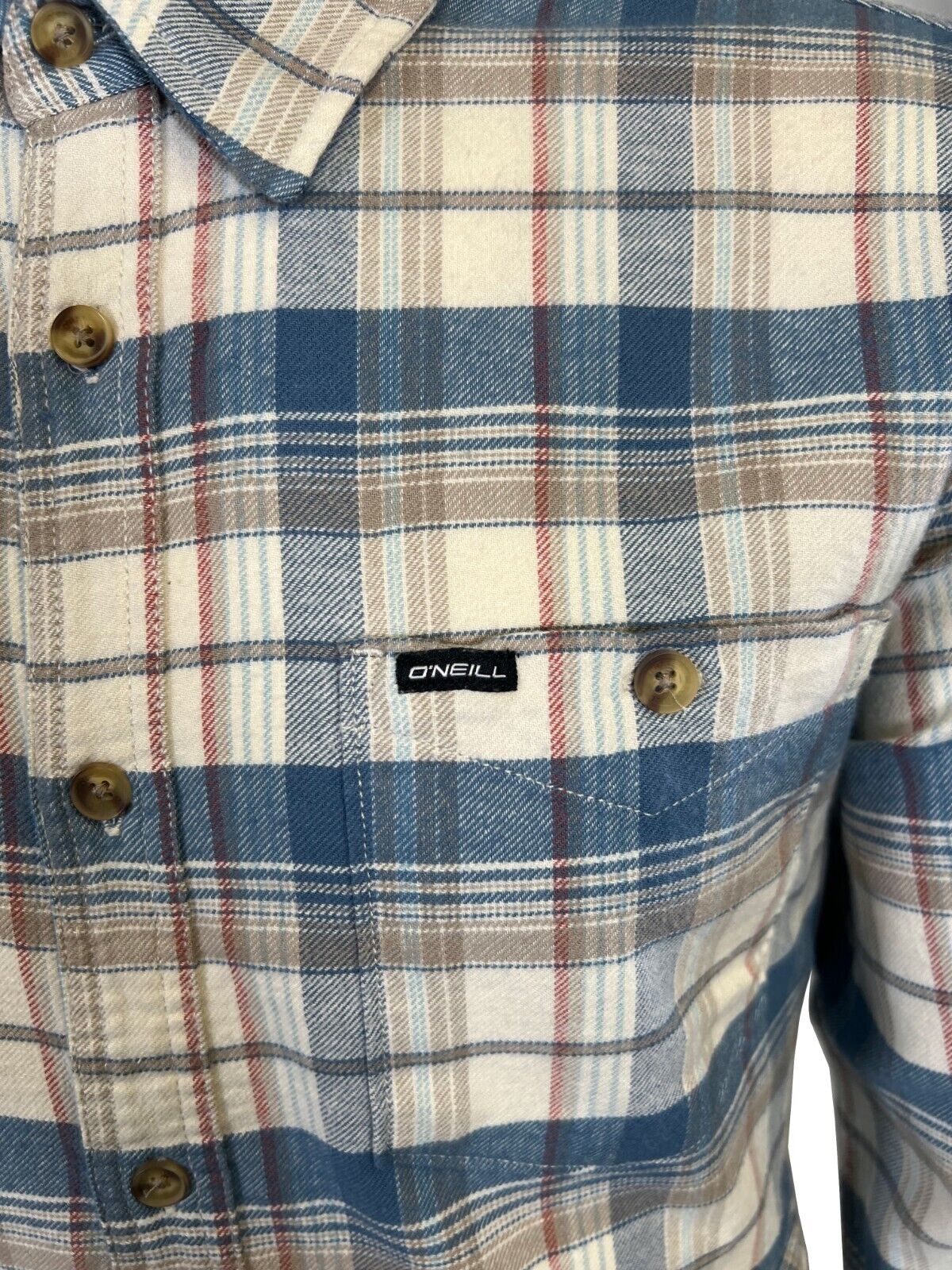 O'Neill Men's Cream Khaki Blue Shirt Redmond Plaid Stretch Flannel L/S (S34)