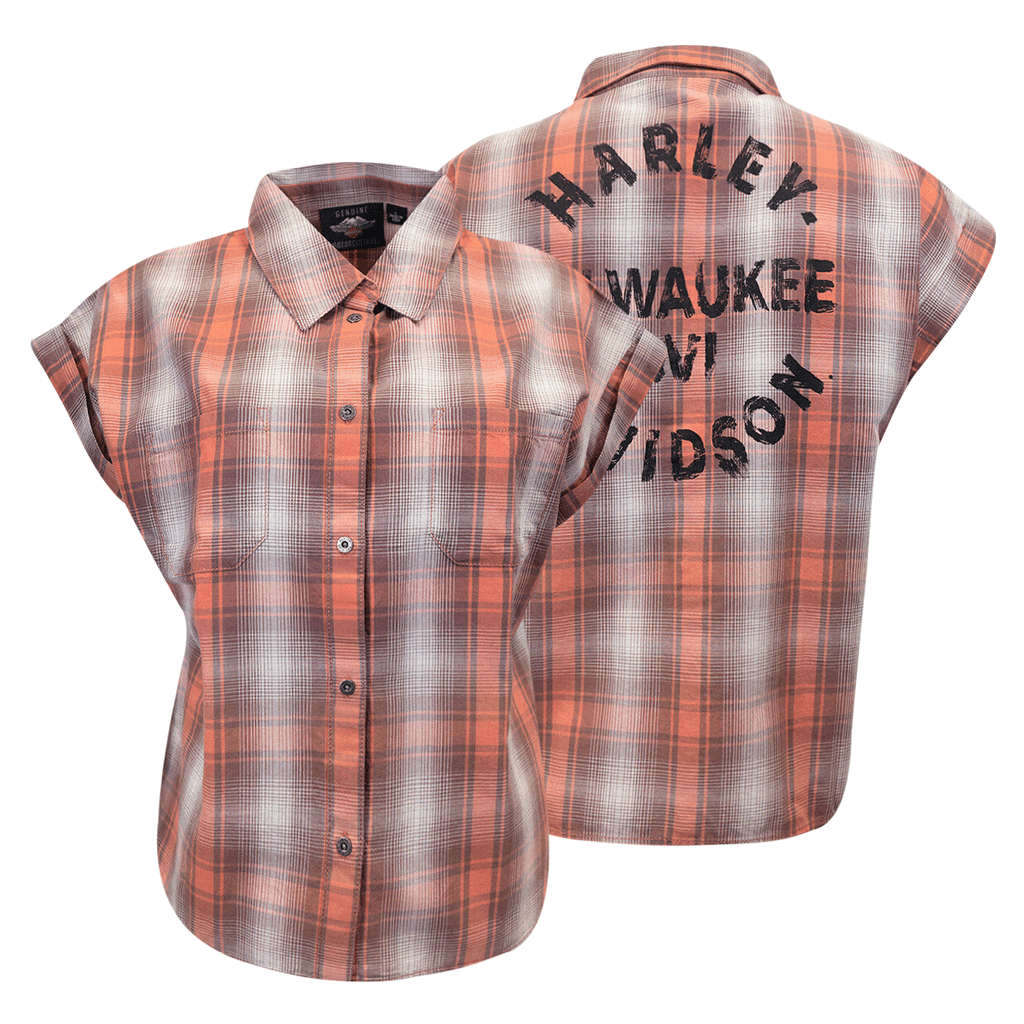 HD Branded Women's Red Orange Ombre Plaid S/S Woven Shirt Vest (S03)