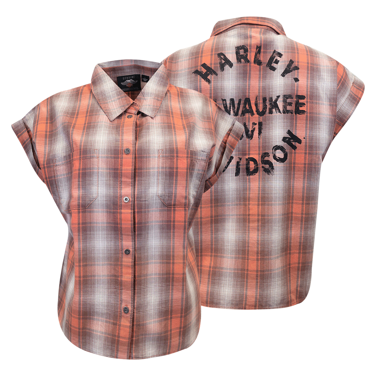 HD Branded Women's Red Orange Ombre Plaid S/S Woven Shirt Vest (S03)