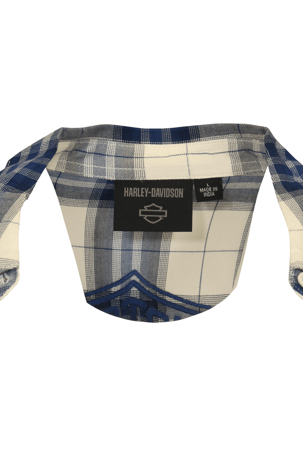 HD Branded Women's Shirt Blue White Plaid Embroidered Text L/S Woven (S22)