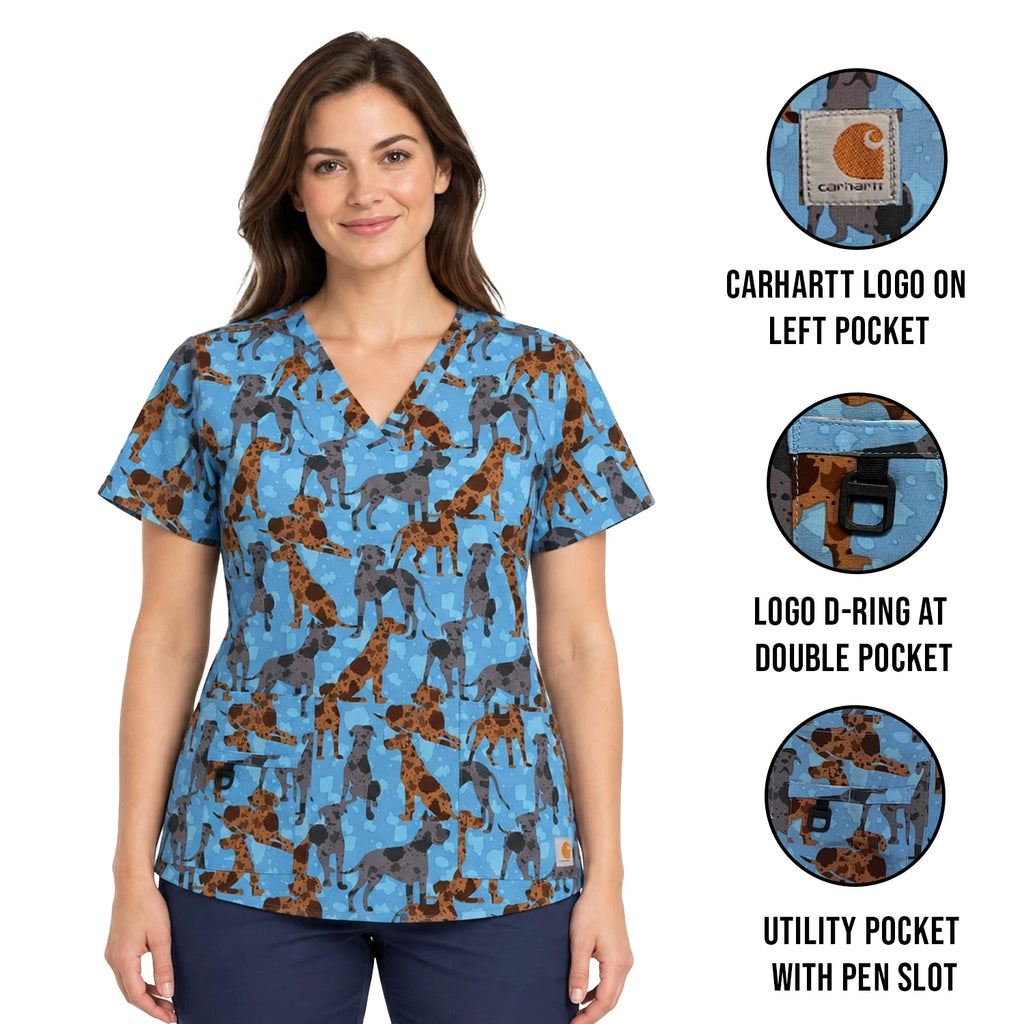 Carhartt Women's Blue Scrub - Great Gatherings Dogs Print V-Neck Top (S47)