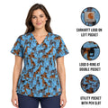 Carhartt Women's Blue Scrub - Great Gatherings Dogs Print V-Neck Top (S47)