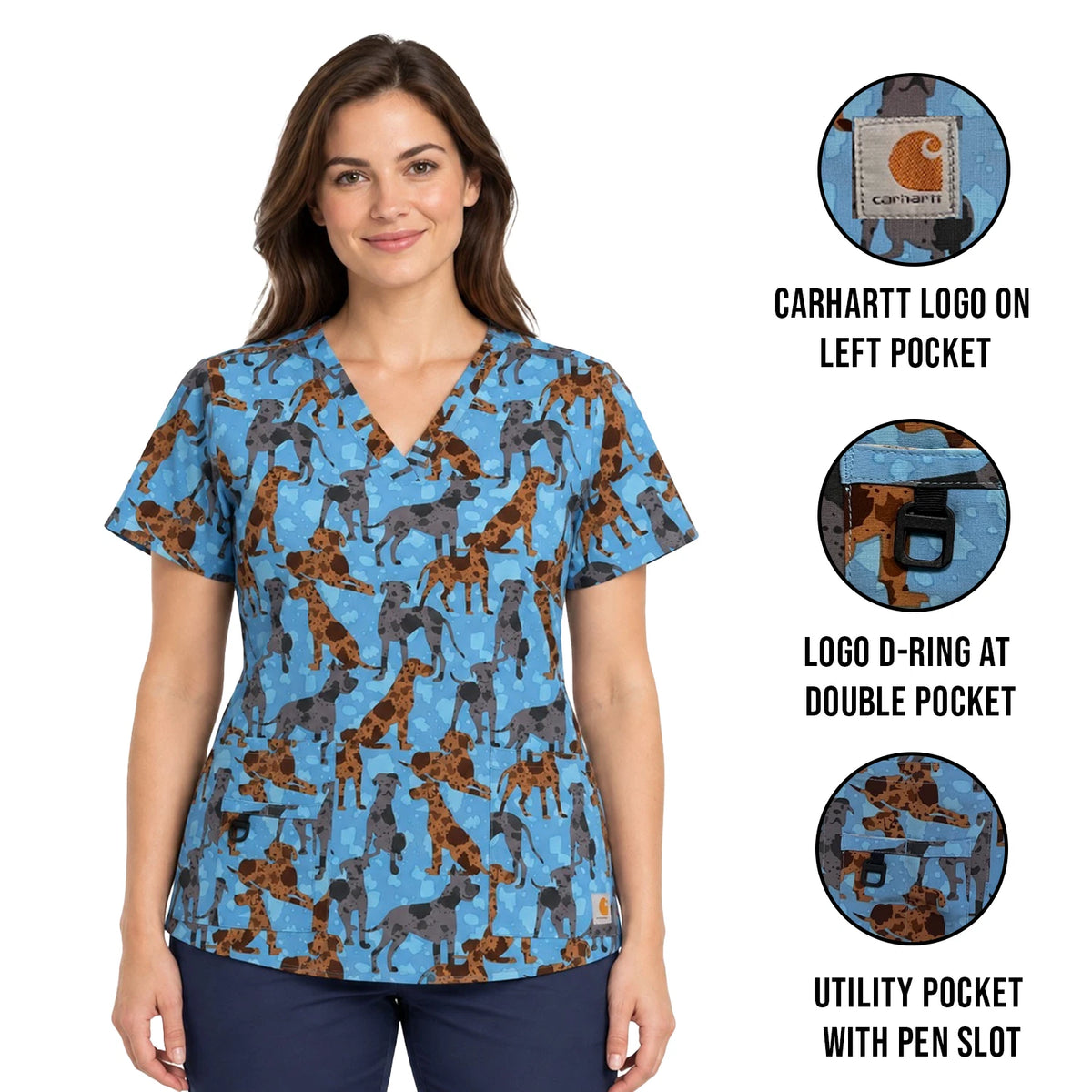 Carhartt Women's Blue Scrub - Great Gatherings Dogs Print V-Neck Top (S47)