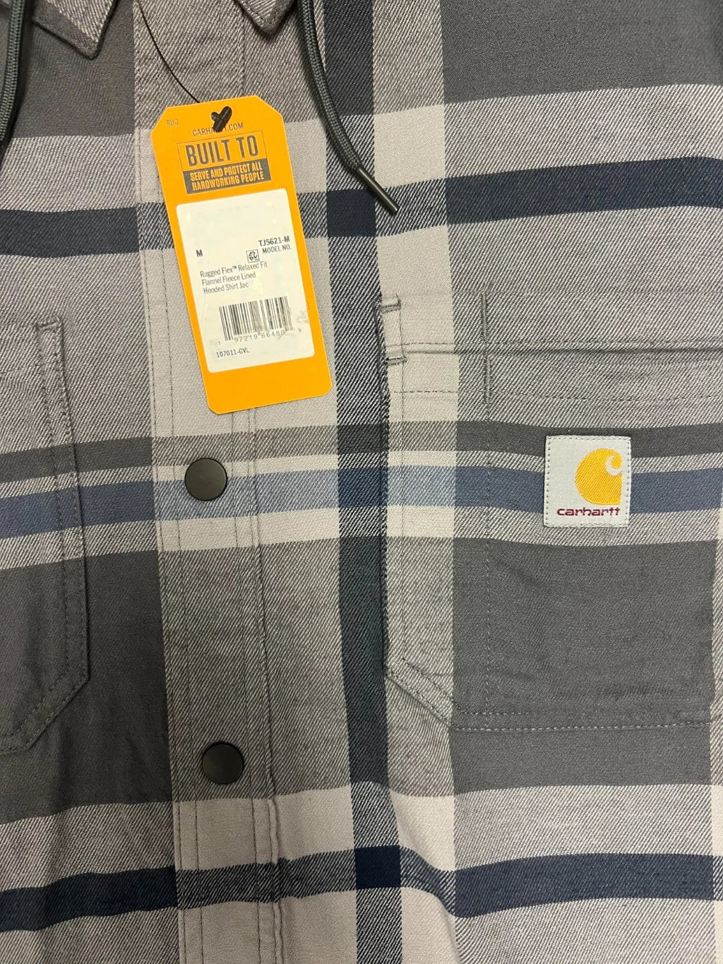 Carhartt Men's Black Gray Shirt Hooded Plaid Fleece Lined Shacket (S047)
