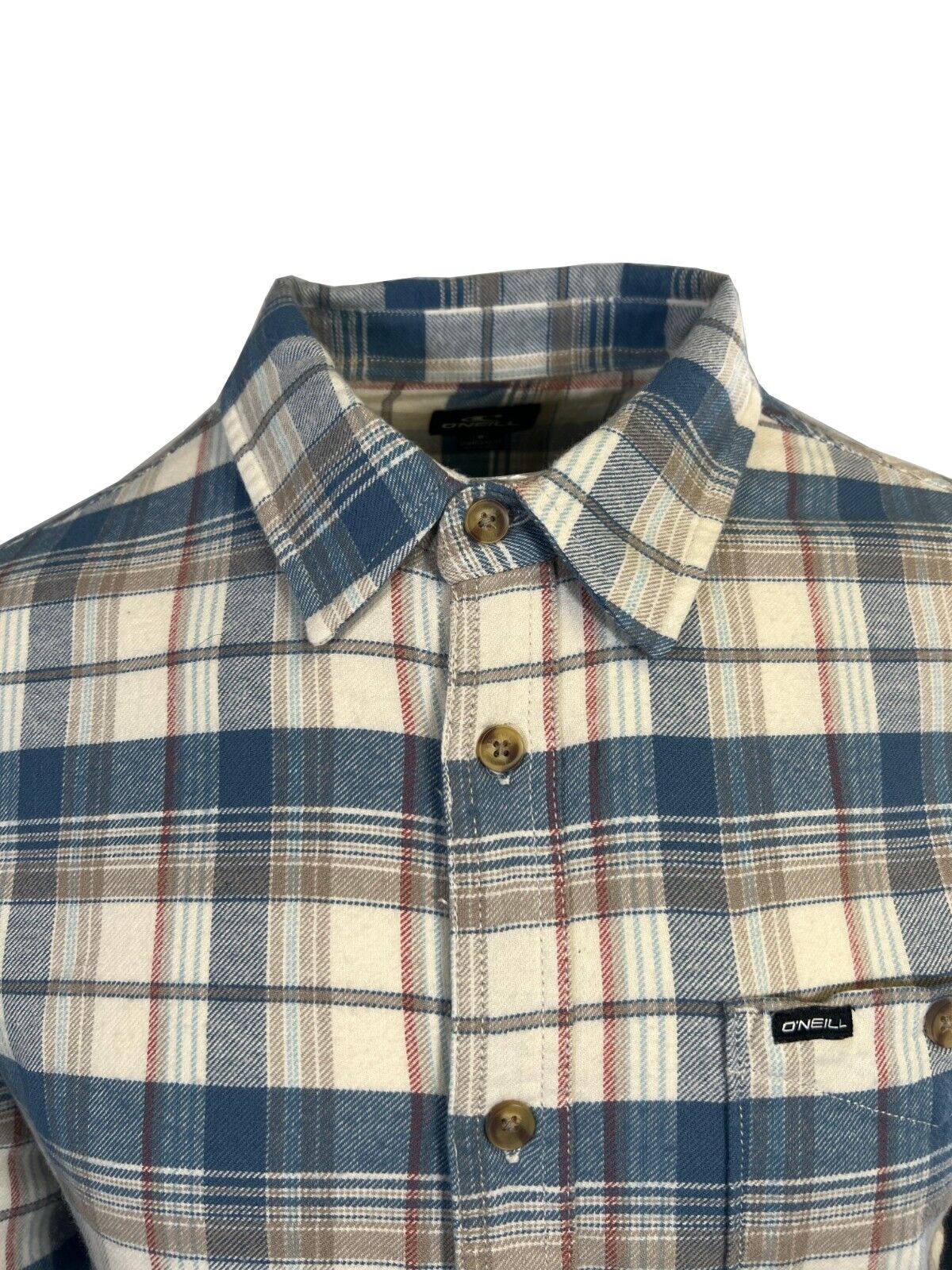 O'Neill Men's Cream Khaki Blue Shirt Redmond Plaid Stretch Flannel L/S (S34)