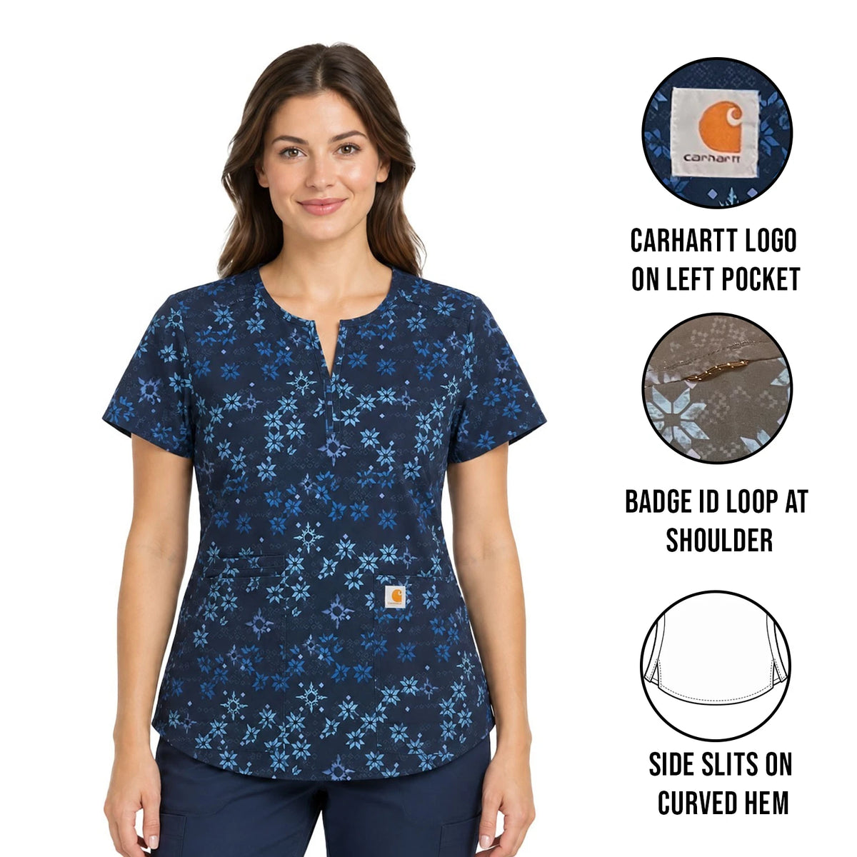 Carhartt Women's Winter Quilt Navy Scrub - Notch Neck Print Top (S48)
