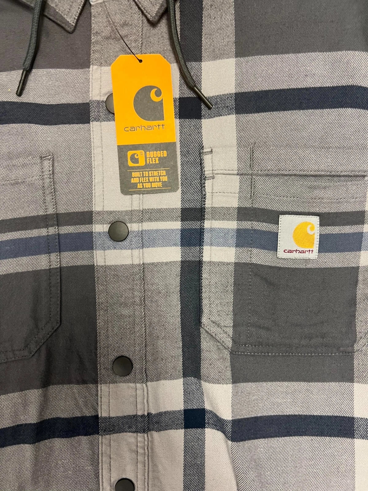 Carhartt Men's Black Gray Shirt Hooded Plaid Fleece Lined Shacket (S047)