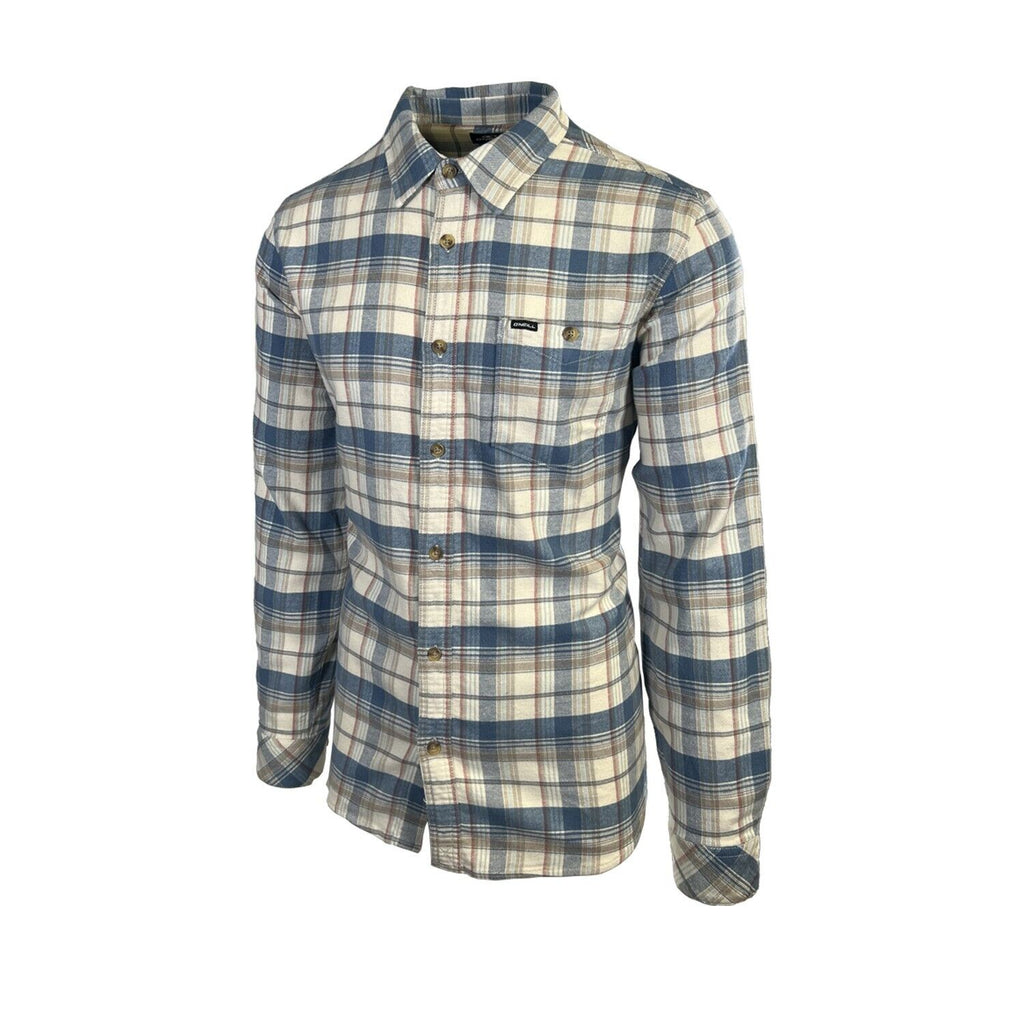 O'Neill Men's Cream Khaki Blue Shirt Redmond Plaid Stretch Flannel L/S (S34)