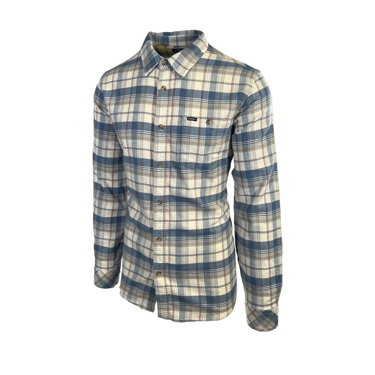 O'Neill Men's Cream Khaki Blue Shirt Redmond Plaid Stretch Flannel L/S (S34)