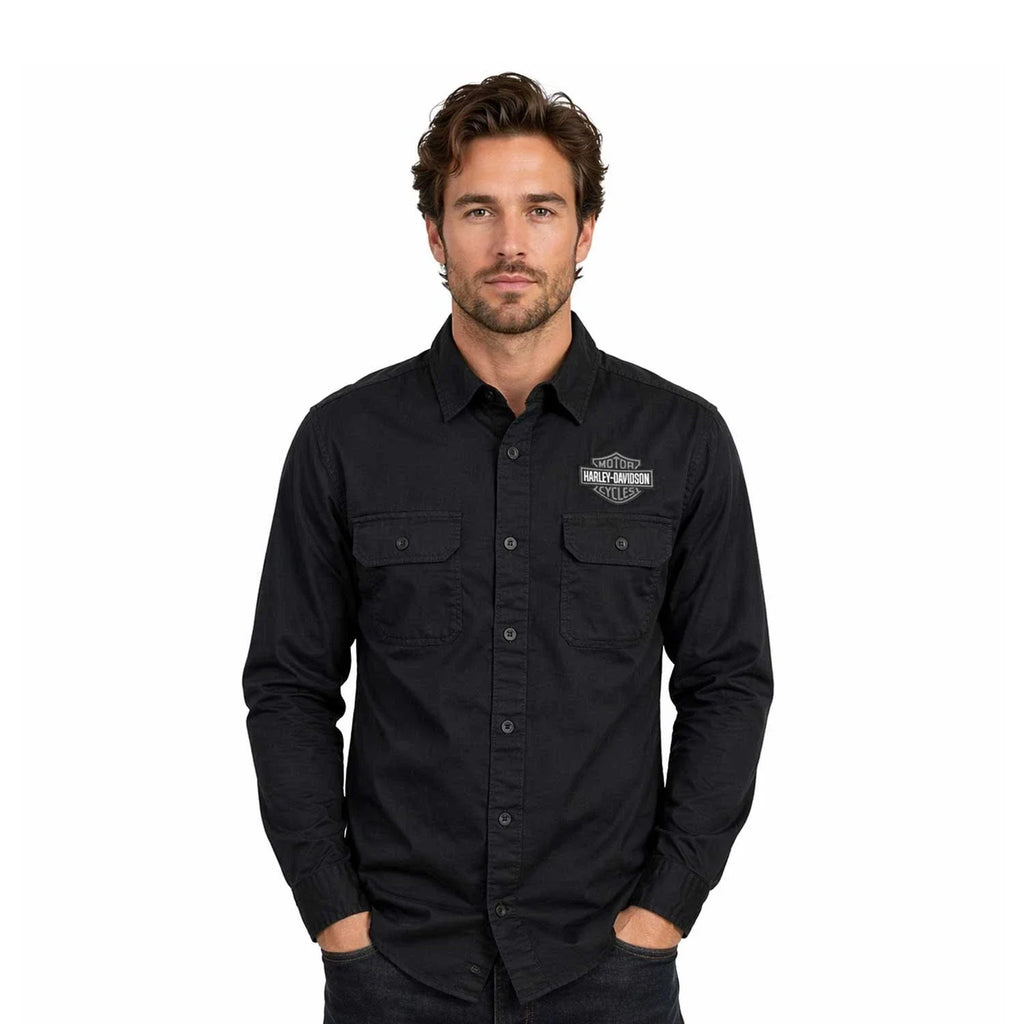 HD Branded Men’s Black Shirt Bar & Shield Solid Long Sleeve (353)