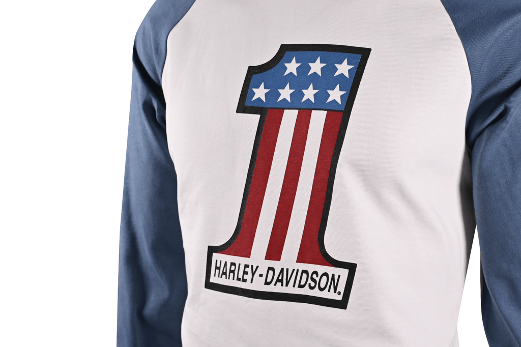 HD Branded Men's T-Shirt Blue #1 Race Raglan Graphic Long Sleeve (S28)
