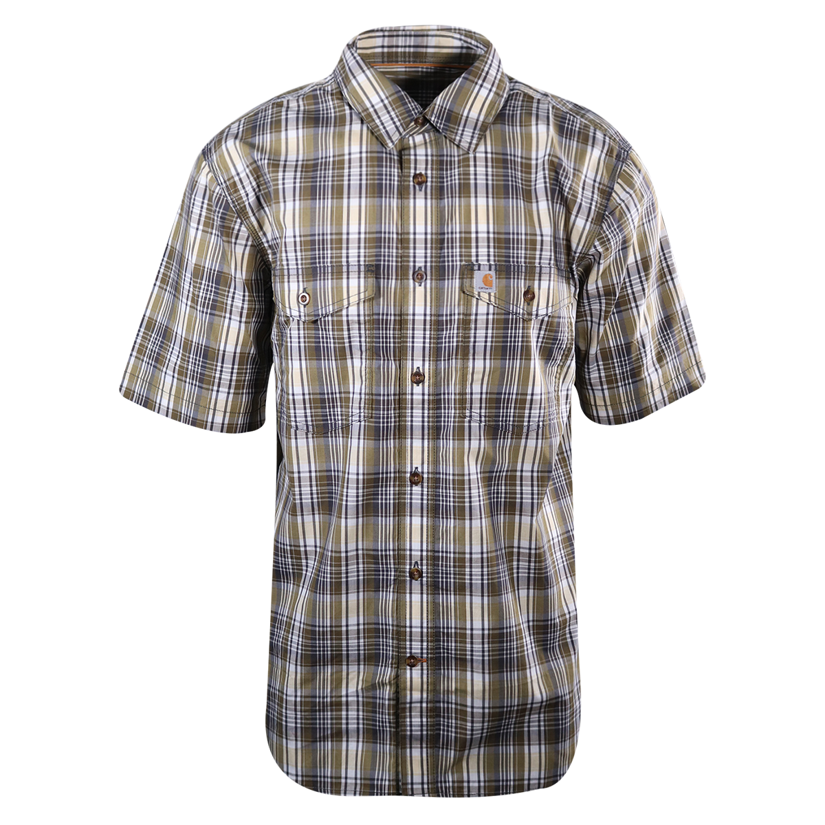 Carhartt Men's Force Olive Green White Plaid Lightweight S/S Woven Shirt (S05)