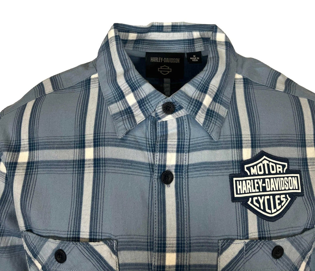 HD Branded  Men's Blue Plaid Shirt Bar & Shield Staple Short Sleeve (342)
