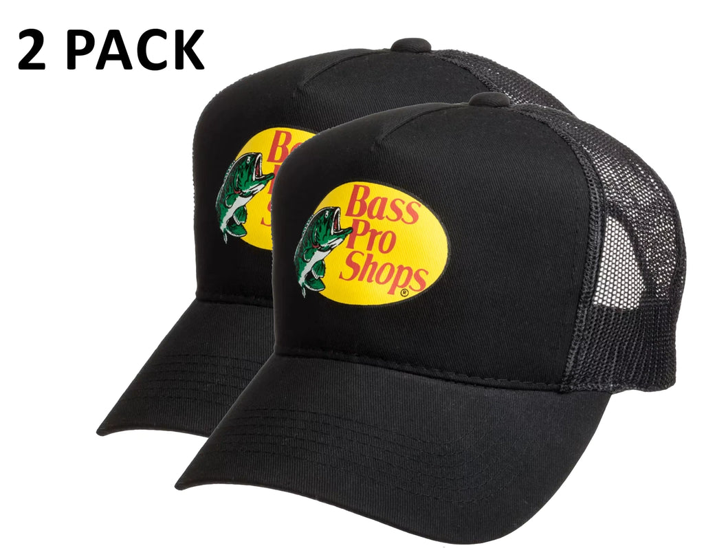 Bass Pro Shops Trucker Cap Black Mesh Snapback Outdoor Hat - 2 Pack (S01)