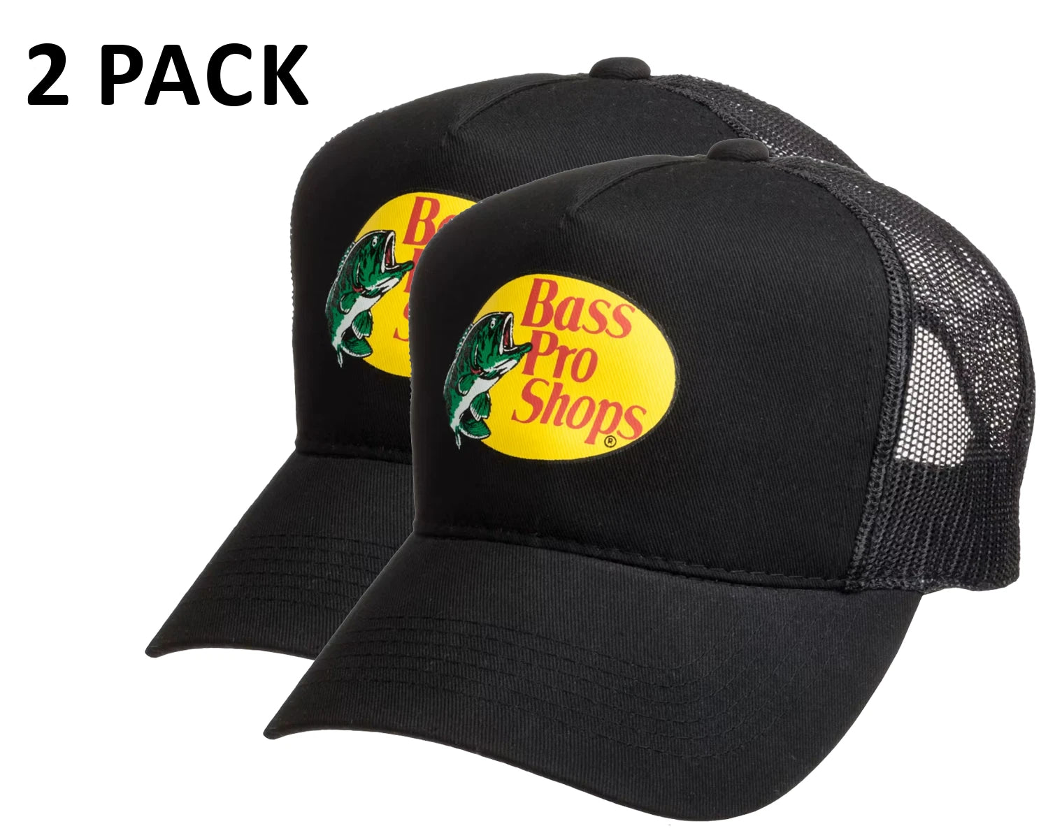 Bass Pro Shops Trucker Cap Black Mesh Snapback Outdoor Hat - 2 Pack (S01)