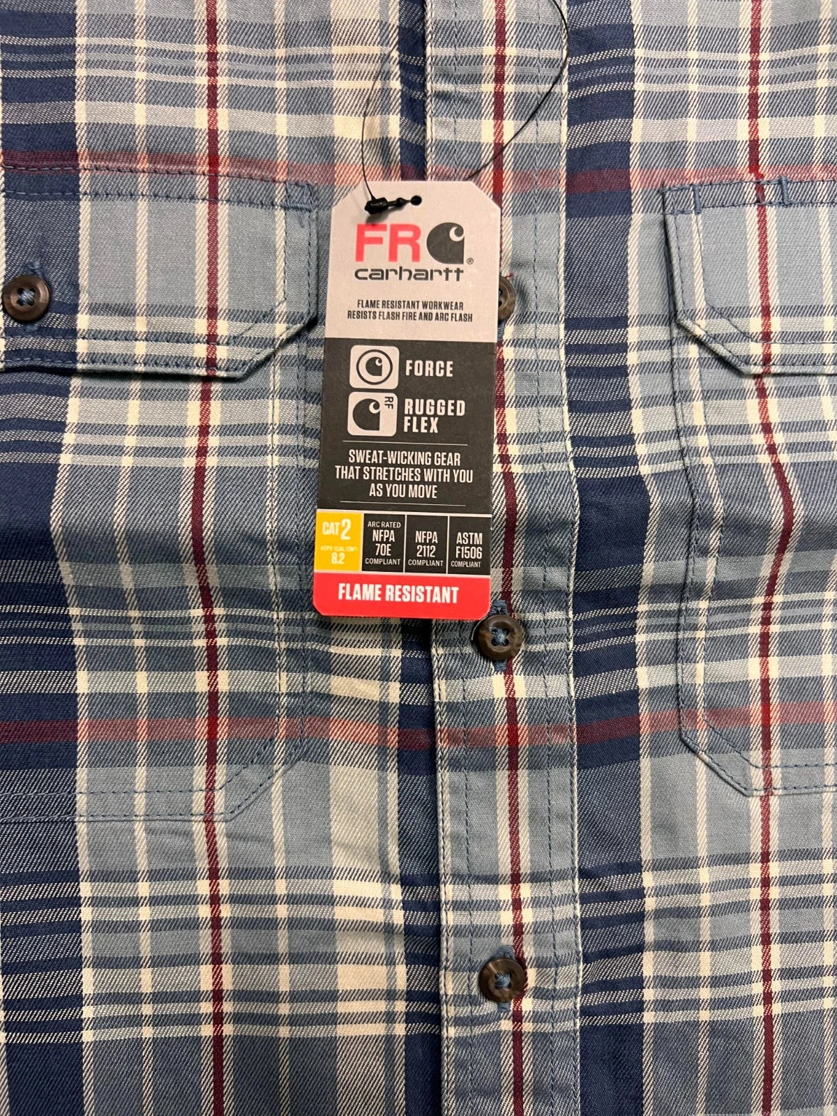 Carhartt FR Men's Slate Blue Plaid Shirt -Rugged Flex Work Wear L/S CAT 2 (S371)