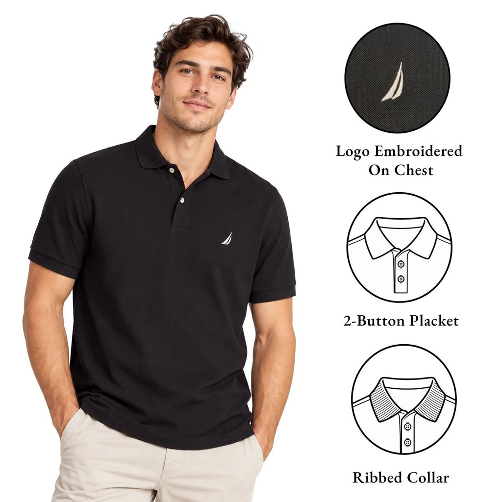Nautica Men's True Black T-Shirt - Solid Deck Polo Tee S/S (S19)