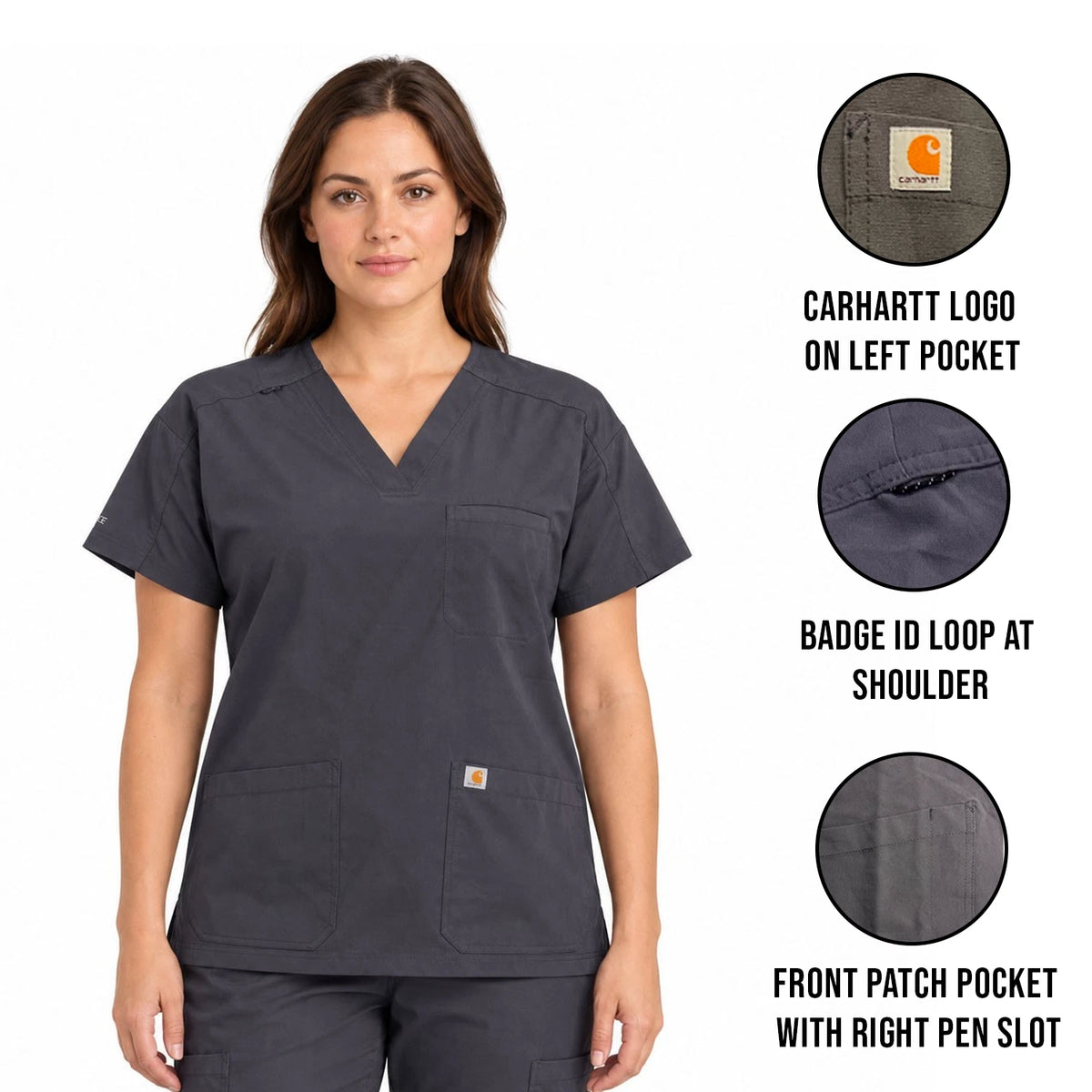 Carhartt Women's Pewter Grey Scrub - V-Neck Rugged Flex Force Logo Top (S50)