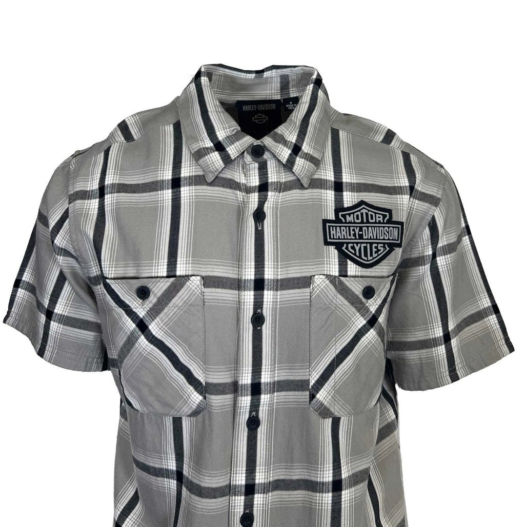 HD Branded  Men's Ghost Gray Plaid Shirt Bar & Shield Staple S/S (343)