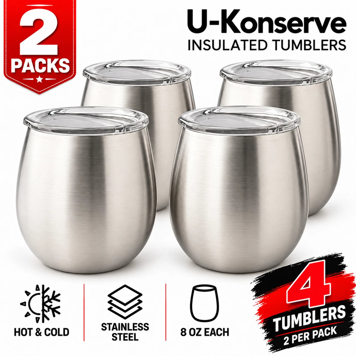 U-Konserve Insulated Stainless Steel 8oz Tumblers & Lids – 2 Pack - 4 Pcs (S01)