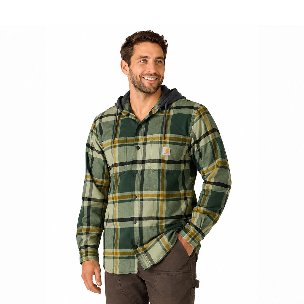 Carhartt Men's Green Shirt Rugged Flex Hooded Plaid Fleece Lined Shacket (S049)