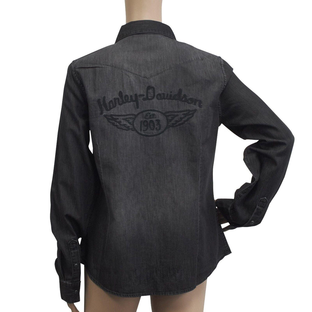 HD Branded Women's Charcoal Circular Stud Denim L/S Woven Shirt