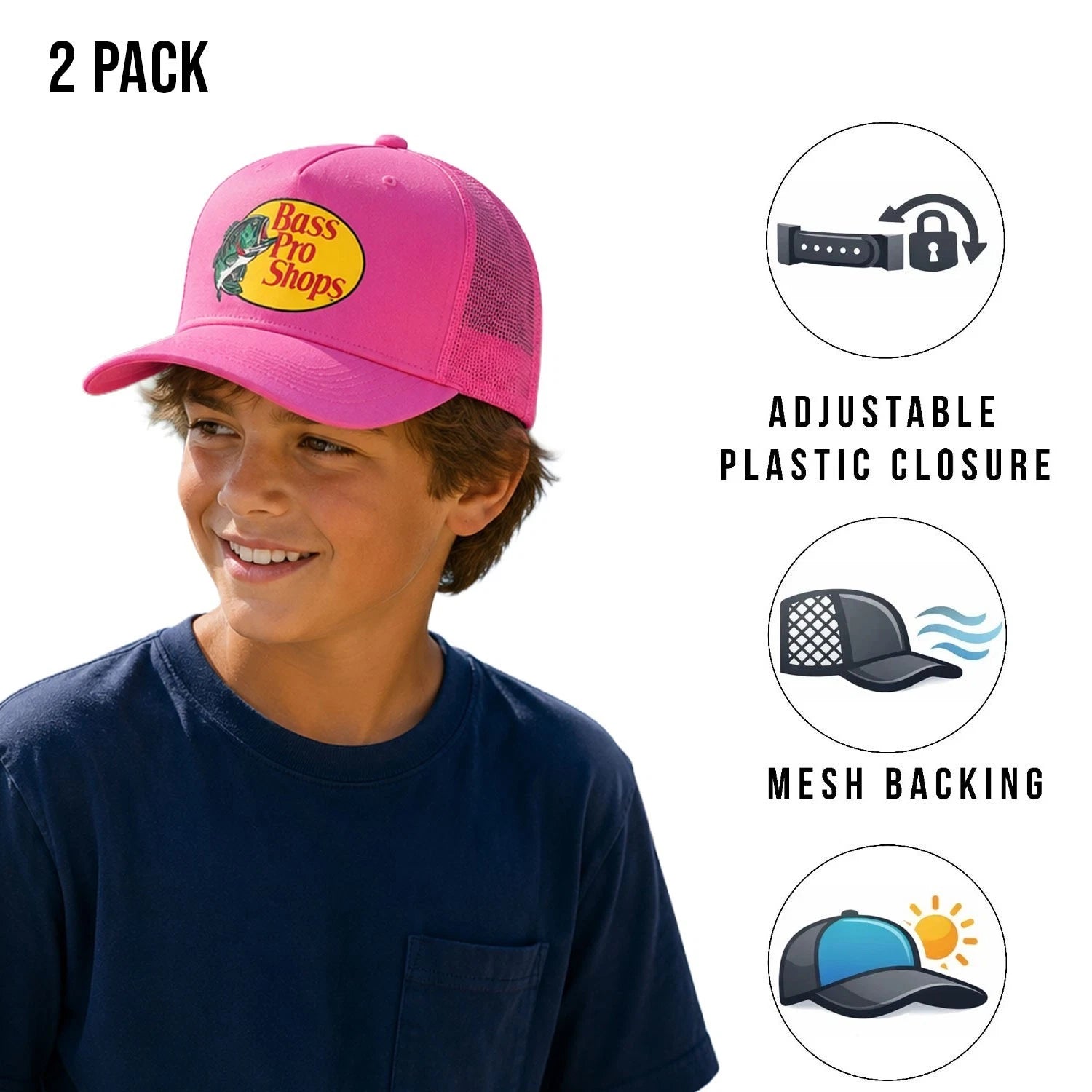 Bass Pro Shops Cap Pink Snapback Outdoor Youth's Trucker Hat- 2 Pack (S18)