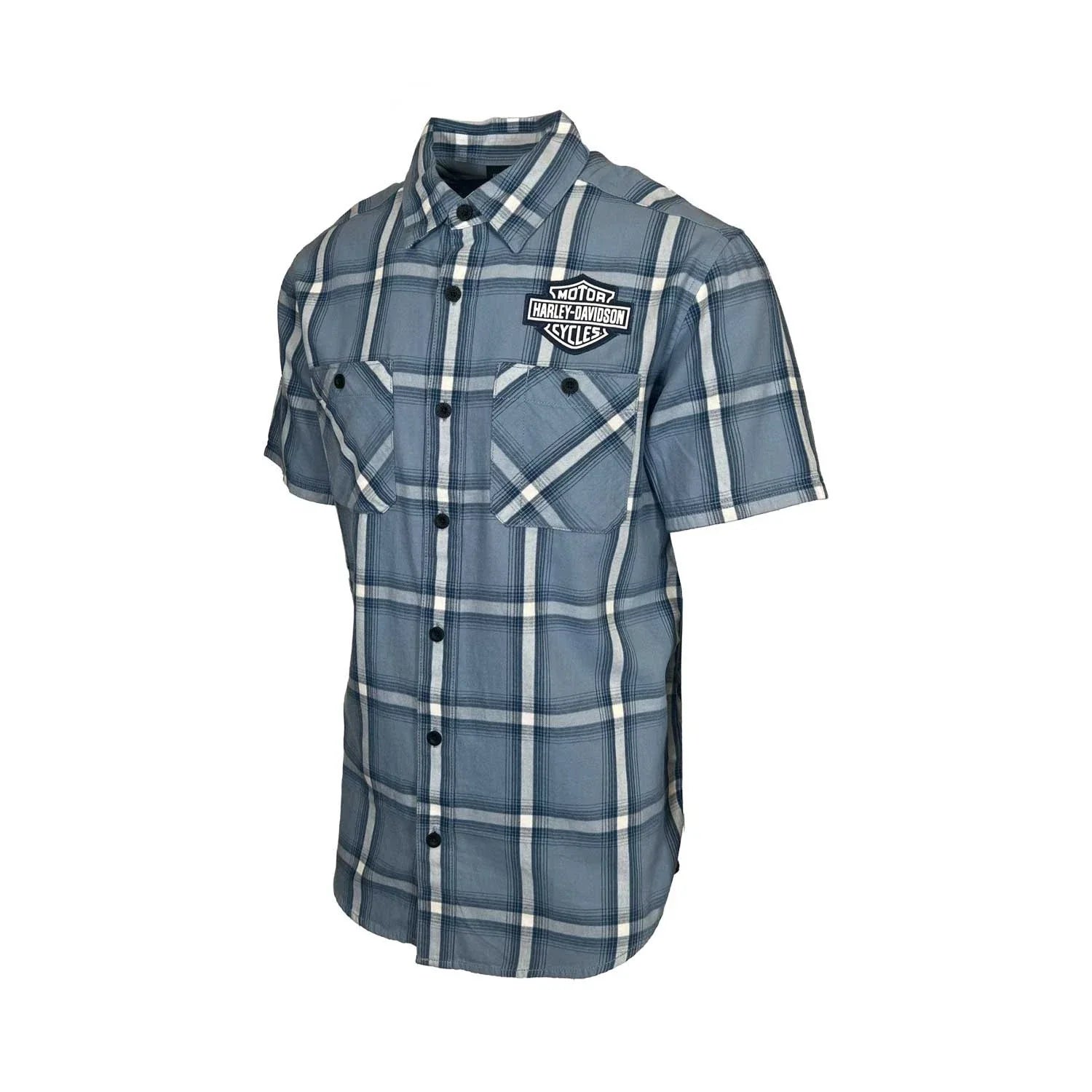 HD Branded  Men's Blue Plaid Shirt Bar & Shield Staple Short Sleeve (342)