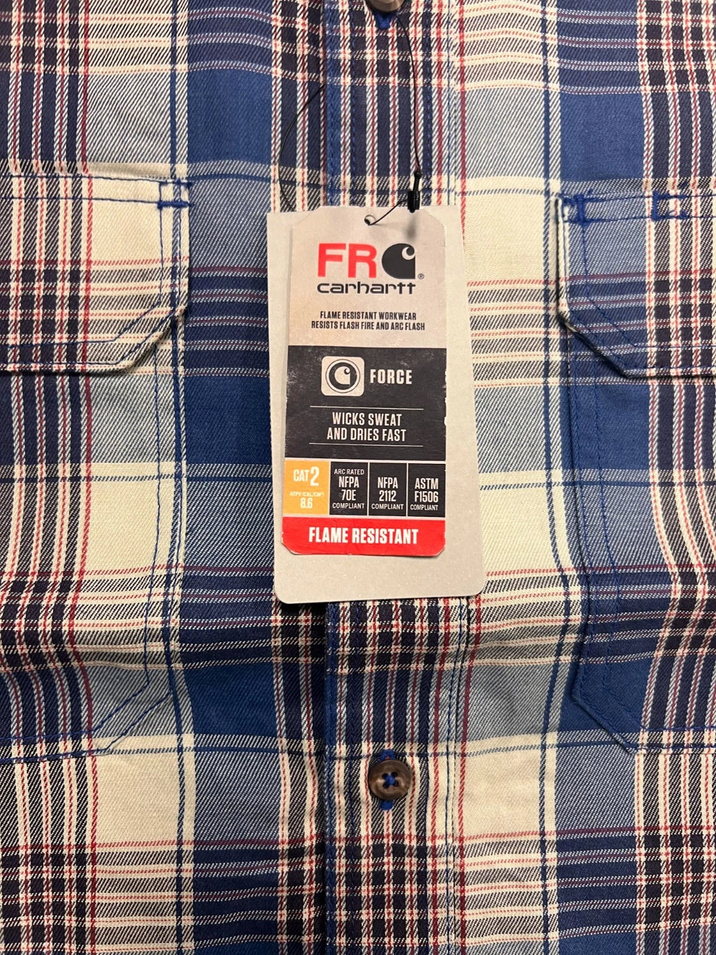 Carhartt FR Men’s Blue & White Plaid Shirt Rugged Flex Workwear L/S CAT 2 (S373)