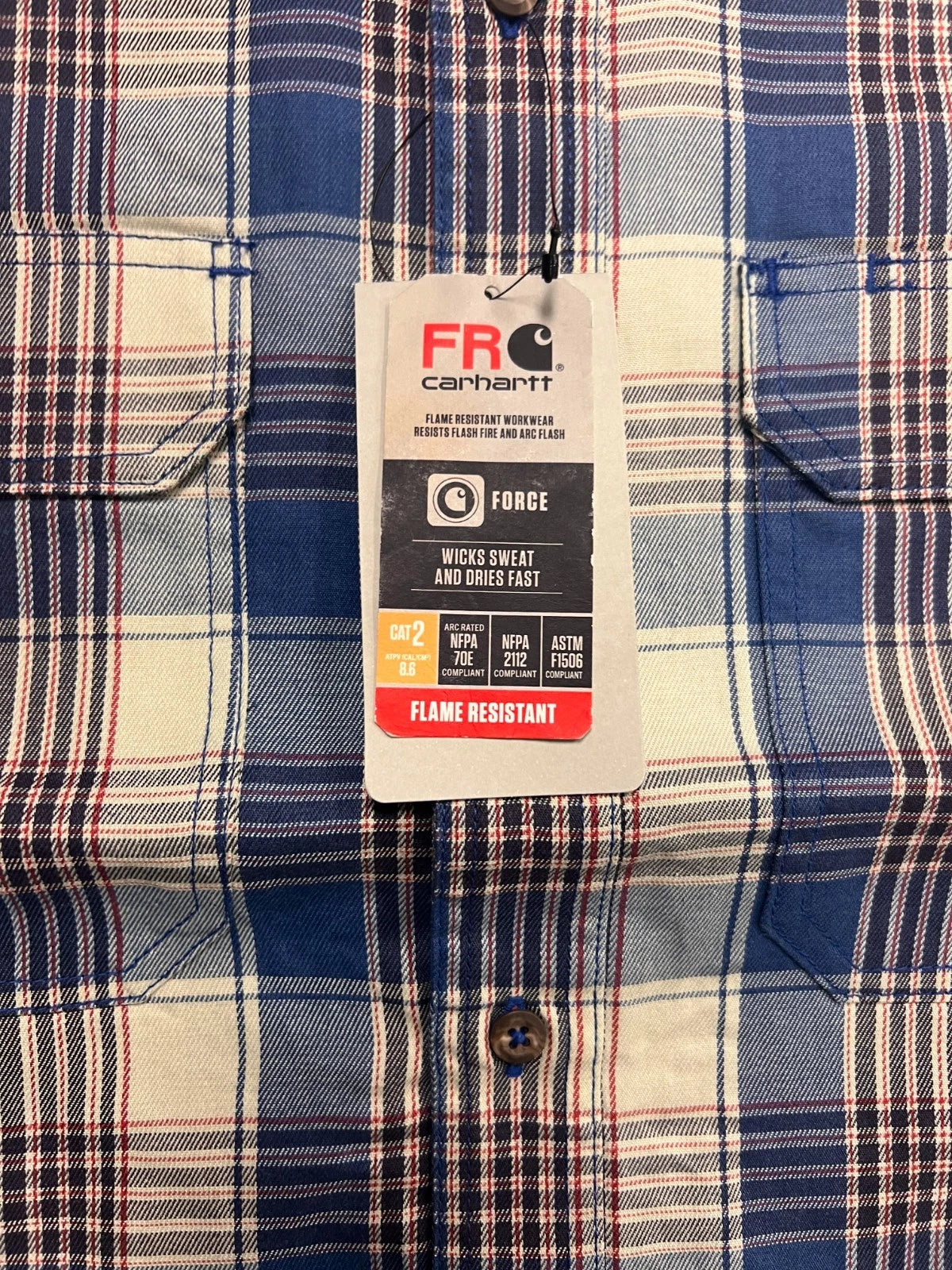 Carhartt FR Men’s Blue & White Plaid Shirt Rugged Flex Workwear L/S CAT 2 (S373)